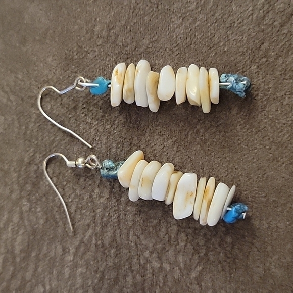 HANDMADE Puka Shell Turquoise Beach Sailor Dangle Hook Earrings - Picture 2 of 3